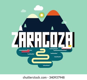 Zaragoza in Spain is Beautiful city to visit on holiday, vector cartoon illustration
