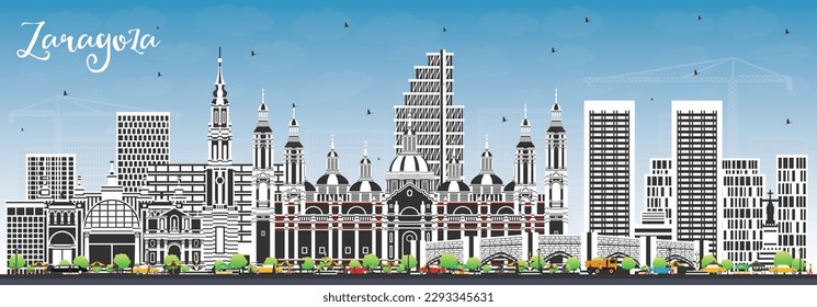 Zaragoza Spain City Skyline with Color Buildings and Blue Sky. Vector Illustration. Zaragoza Cityscape with Landmarks. Business Travel and Tourism Concept with Historic Architecture.