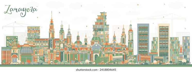 Zaragoza Spain City Skyline with Color Buildings. Vector Illustration. Zaragoza Cityscape with Landmarks. Business Travel and Tourism Concept with Historic Architecture.