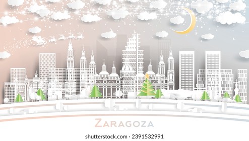 Zaragoza Spain. Winter city skyline in paper cut style with snowflakes, moon and neon garland. Christmas and new year concept. Santa Claus on sleigh. Zaragoza cityscape with landmarks.