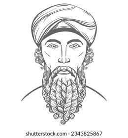 Zarathushtra is the spiritual founder of the religion of Zoroastrianism. Portrait of ancient Iranian prophet. Vector portrait of a Persian man. Bearded man in keffiyeh. Line drawing in engraving style