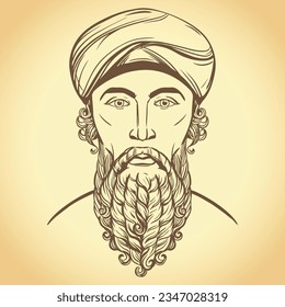 Zarathushtra is the spiritual founder of the religion of Zoroastrianism. Portrait of ancient Iranian prophet. Vector portrait of a Persian man. Bearded man in keffiyeh. Line drawing in engraving style