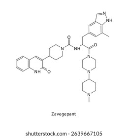 Zavegepant chemical structure skeletal formula. Calcitonin gene-related peptide (CGRP) receptor antagonist drug used to treat Migraine treatment and prevention. Simple schematic illustration.