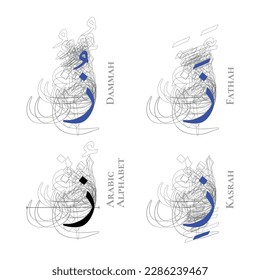 ZAY Vector Isolated Fathah Kasrah Dammah Vowel Arabic Alphabet Type Character Letters Script Naskh Nuqta Form Hamzah Outline Shadow Structure Overlap Background Line Path Blue Black White Gray Art