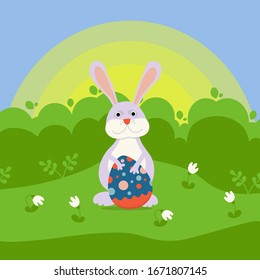 Zayu with easter eggs on the background of forest and sunrise