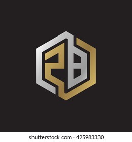 ZB initial letters looping linked hexagon elegant logo golden silver black background
