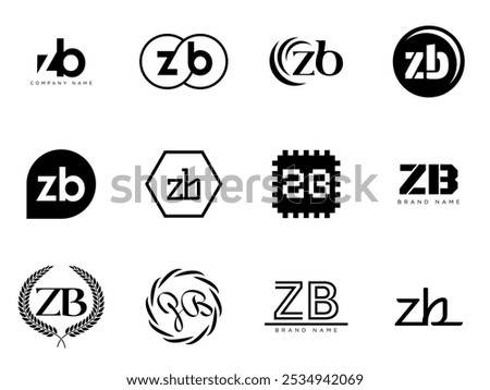 ZB logo company template. Letter z and b logotype. Set different classic serif lettering and modern bold text with design elements. Initial font typography. Collection trendy business identity.