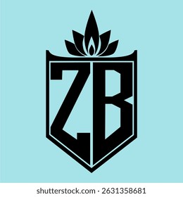Das ZB-Logo mit einem minimalistischen Design, einem kronenartigen Blumensymbol oben, kräftigen schwarzen Elementen und einem weichen blauen Hintergrund, perfekt für die Markenbildung und moderne visuelle Identität.
