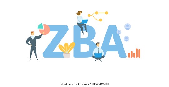 ZBA, cuenta de saldo cero. Concepto con palabras clave, personas e iconos. Ilustración vectorial plana. Aislado sobre fondo blanco.