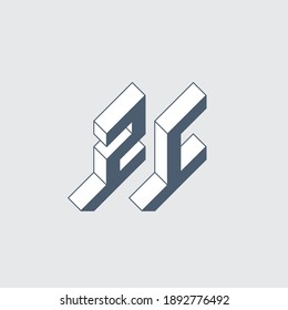 ZC or 2C - monogram or logotype. Volume alphabet. Three-dimension letters Z and C. Isometric 3d font for design.