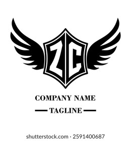 ZC bold shield logo with wings, customizable with letters A to Z. Perfect for brands seeking a powerful symbol of strength, freedom, and ambition