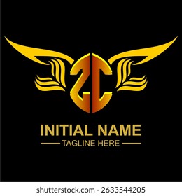 ZC Golden Wing Emblem Logo with elegant gold wings, sleek and modern design. Ideal for branding, creative projects, luxury businesses, or artistic ventures.