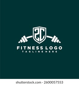ZC initial monogram for fitnes or gym logo with creative shield and barbell design