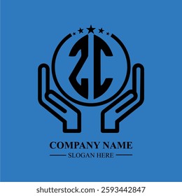 ZC initials held within hands, symbolizing trust and protection. The circle represents unity, while stars highlight excellence and ambition.