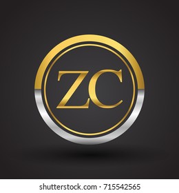 ZC Letter logo in a circle, gold and silver colored. Vector design template elements for your business or company identity.