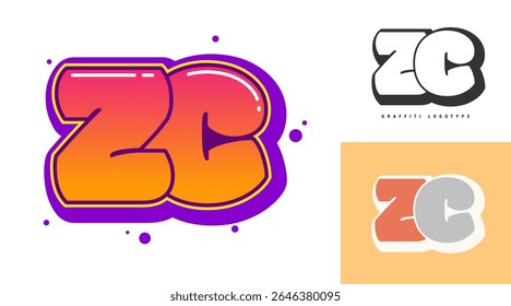 ZC logo design for festival or party. Initial letter z and c in graffiti style. Creative modern lettering company name of font typography. Kids trendy logotype or identity. Vector illustration.