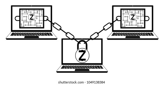 zcash block chain technology ,design concept black and white ,interlocking the blocks with each other using the lock code