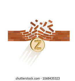 zcash coin breaks through the wall resistance on a white background , the price of crypto currency is rising , vector image design concept  