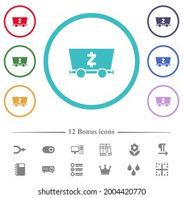 Zcash criptocurrency minería iconos de color plano en contornos de forma circular. 12 íconos adicionales incluidos.
