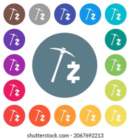 Zcash cryptocurrency mining flat white icons on round color backgrounds. 17 background color variations are included.