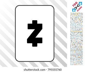 Zcash playing card icon with 700 bonus bitcoin mining and blockchain pictographs. Flat vector style for gambling and bitcoin apps.