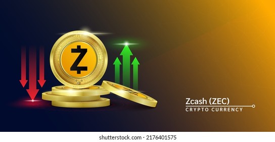 Zcash token cryptocurrency banner. Future currency on blockchain stock market with red-green arrows up and down. Gold coins crypto currencies. Banner for news on a solid background. 3D Vector.