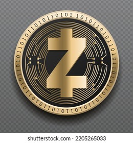 ZCash (ZEC) cryptocurrency golden coin isolated in transparent background. Virtual currency token symbol vector illustration based on cryptography and block chain technology.