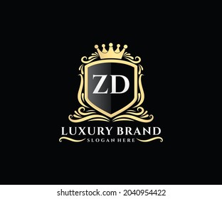ZD Initial Letter Gold calligraphic feminine floral hand drawn heraldic monogram antique vintage style luxury logo design.