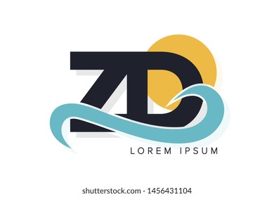 ZD letter logo with ocean waves and sunset. Beach concept design