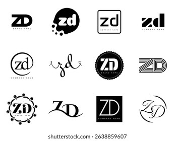 ZD logo company template. Letter z and d logotype. Set different classic serif lettering and modern bold text with design elements. Initial font typography. Collection trendy business identity.