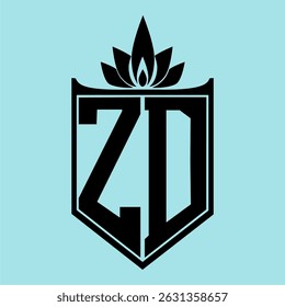 Das ZD-Logo mit minimalistischem Design, einem kronenartigen Blumensymbol oben, kräftigen schwarzen Elementen und einem weichen blauen Hintergrund, perfekt für die Markenbildung und moderne visuelle Identität.