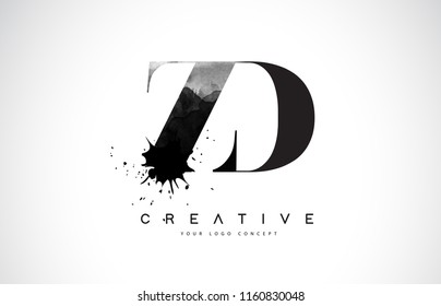 ZD Z D Letter Logo Design with Black Ink Watercolor Splash Spill Vector Illustration.