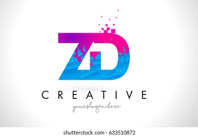 ZD Z D Letter Logo with Broken Shattered Blue Pink Triangles Texture Design Vector Illustration.