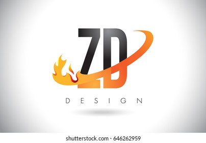 ZD Z D Letter Logo Design with Fire Flames and Orange Swoosh Vector Illustration.