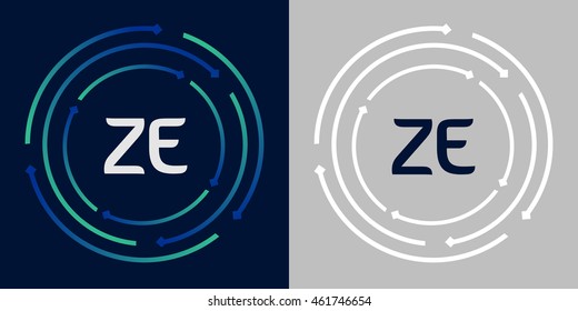 ZE design template elements in abstract background logo, design identity in circle, letters business logo icon, blue/green alphabet letters, simplicity graphics