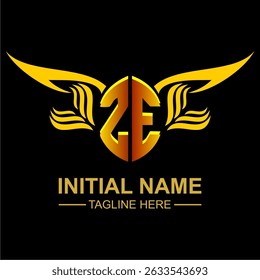 ZE Golden Wing Emblem Logo with elegant gold wings, sleek and modern design. Ideal for branding, creative projects, luxury businesses, or artistic ventures.