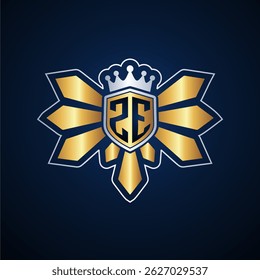 ZE initial letters monogram logo for gaming with shield and eagle wing