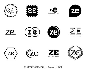 ZE logo company template. Letter z and e logotype. Set different classic serif lettering and modern bold text with design elements. Initial font typography. Collection trendy business identity.