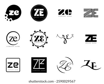 ZE logo company template. Letter z and e logotype. Set different classic serif lettering and modern bold text with design elements. Initial font typography. Collection trendy business identity.