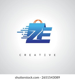 ZE Shopping Monogram – Entrega rápida Logotipo de comercio electrónico con el icono del bolso y la marca digital para la tienda en línea, venta al por menor e identidad logística
