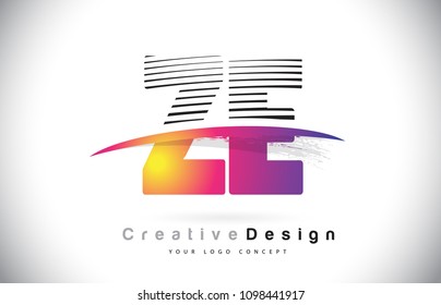 ZE Z E Letter Logo Design With Creative Lines and Swosh in Purple Brush Color Vector Illustration.