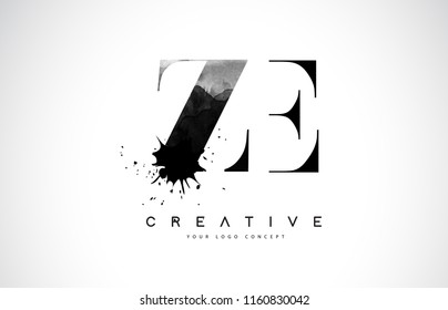ZE Z E Letter Logo Design with Black Ink Watercolor Splash Spill Vector Illustration.
