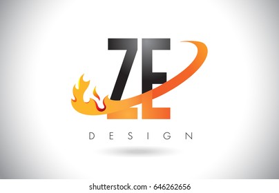 ZE Z E Letter Logo Design with Fire Flames and Orange Swoosh Vector Illustration.