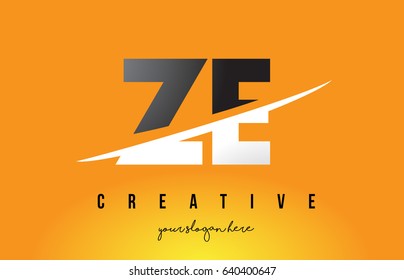ZE Z E Letter Modern Logo Design with Swoosh Cutting the Middle Letters and Yellow Background.