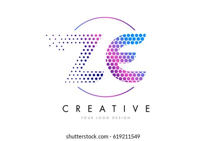 ZE Z E Pink Magenta Dotted Bubble Letter Logo Design. Dots Lettering Vector Illustration