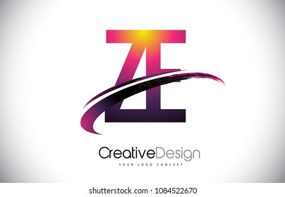 ZE Z E Purple Letter Logo with Swoosh Design. Creative Magenta Modern Letters Vector Logo Illustration.