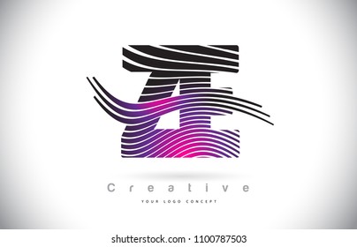 ZE Z E Zebra Texture Letter Logo Design With Creative Lines and Swosh in Purple Magenta Color Vector.