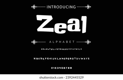 Zeal font modern bouncy typeset, lively friendly alphabet. Playful cheerful letters in Los Muertos Mexican style for menus, labels, signage, ads, crafts and comic book. Vector typographic design