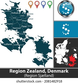 Zealand Region with municipalities and location on Danish map. Vector image. There is inscription in original Danish language - Region Sjælland