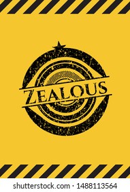 Zealous black grunge emblem inside yellow warning sign. Vector Illustration. Detailed.